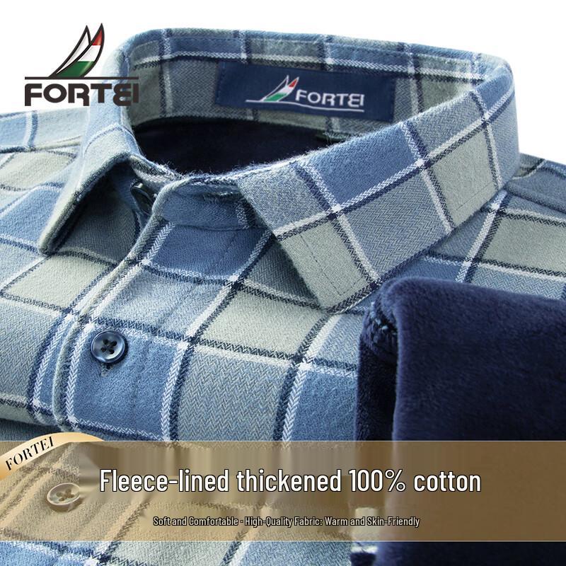 Men s 100% Cotton Fleece-Lined Plaid Business Casual Shirt 41