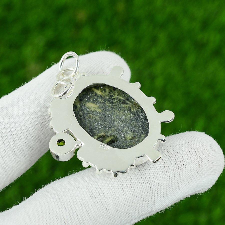 Gift For Her 925 Sterling Silver Natural Green Rice Jasper Gemstone Pendant