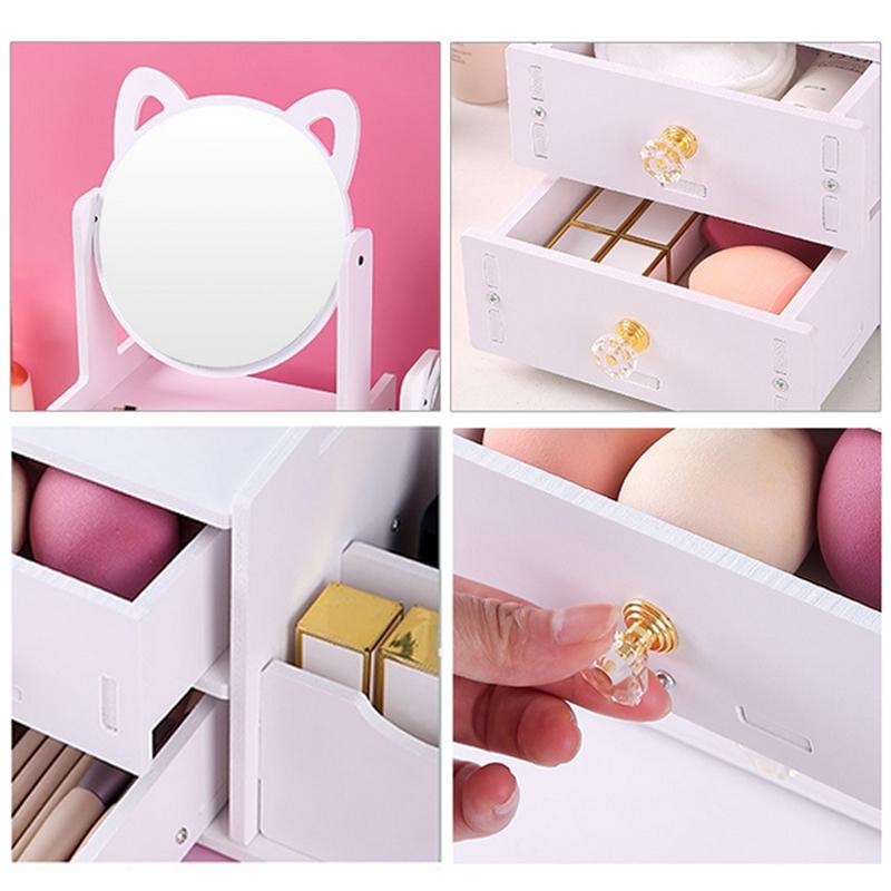 Assembly Makeup Mini Table Multifunctional Cosmetics Storage Rack With Rotating Mirror Skin Care Products Organizer Drawer Shelf