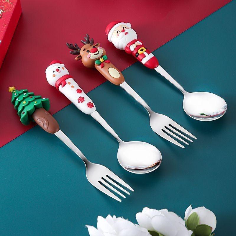 Christmas Set Stainless Steel Spoon Tableware Fruit Fork Spoon Gift Box Set Cute Elk Cartoon Girl