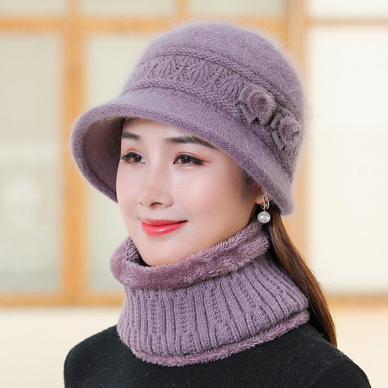 Winter Middle-aged Elderly Mothers' Hats Rabbit Fur Plush Thick Knitted Basin Hats Warm Windproof Hats Neckband Kit