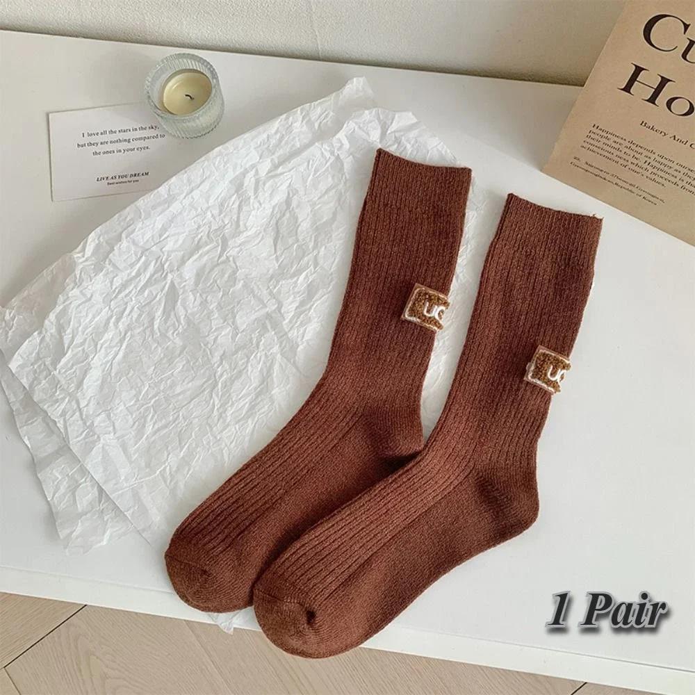 1Pair Winter Solid  Velvet Thickened Pile Socks Multicolored Embroidered Logo Warm Mid-Calf Length Socks Casual Cotton Socks