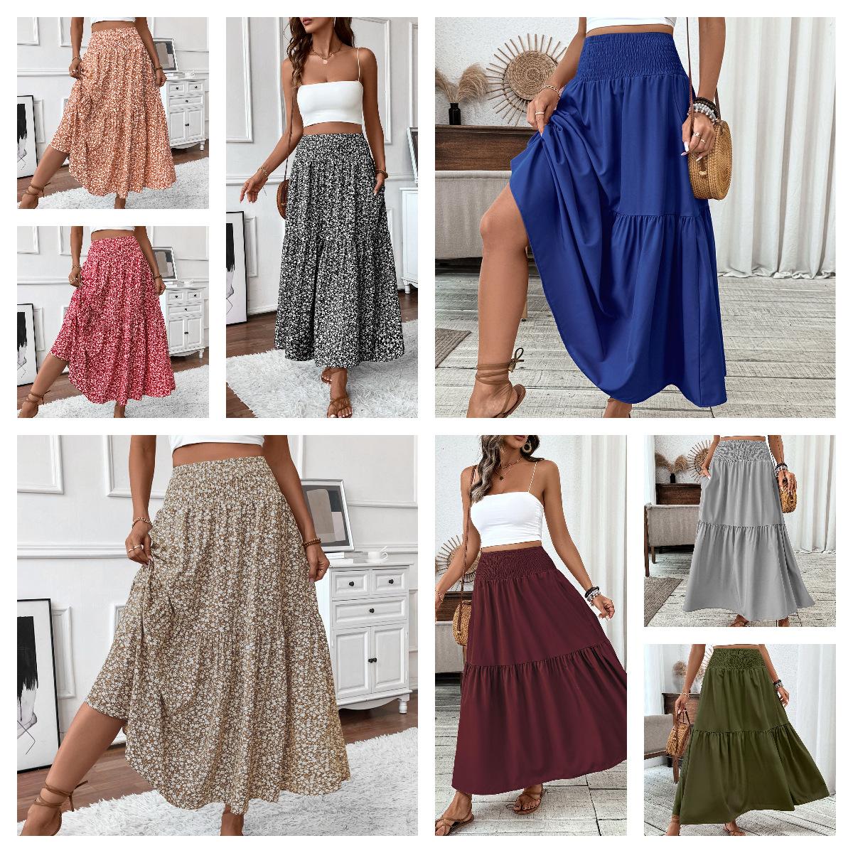 

Floral Print A-Line Midi Skirt Women s Stretchy Waist Summer Casual Skirt with Slit (Multi-Color Options) XL сірий колір