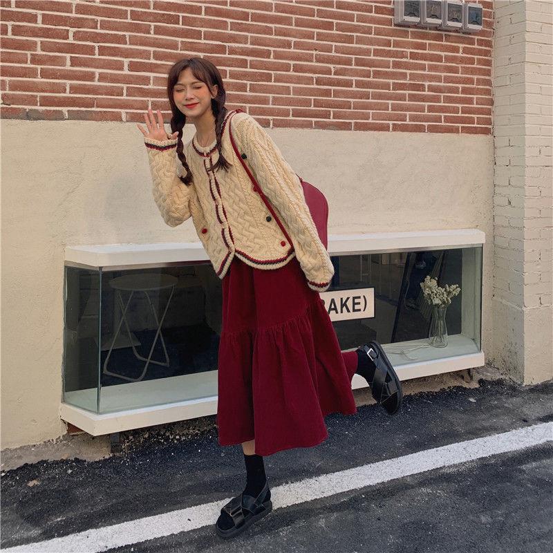 Autumn Winter Women's Burgundy Corduroy Midi Skirt Versatile Slim-Fit High Waist Plus-Size Asymmetrical Long Skirt