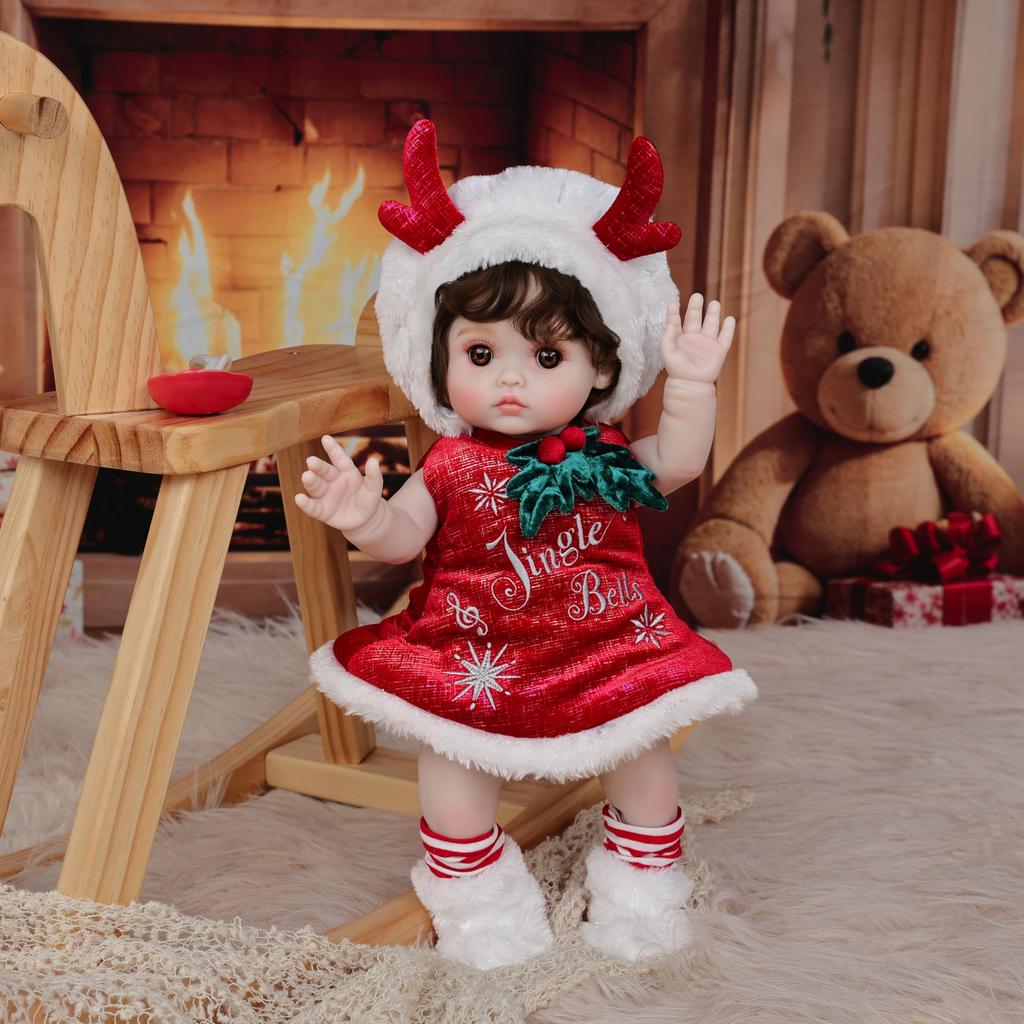 Cloveray 18-Zoll Vinyl Weihnachten Reborn Puppe, Rotes Hirschgeweih Outfit Baby Puppe, Handbemaltes Hochfarbiges Make-up, Perfekt für Sammlung & Geschenk, Auch