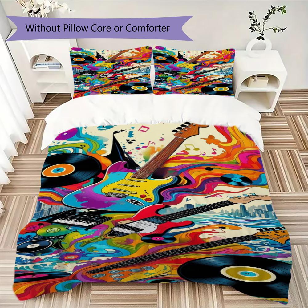 Conjunto de Roupa de Cama com Estampa de Guitarra Salpicada Preto e Branco, Conjunto de Capa de Edredom de Rock(1 capa de edredom + 2 fronhas, sem enchimento.)