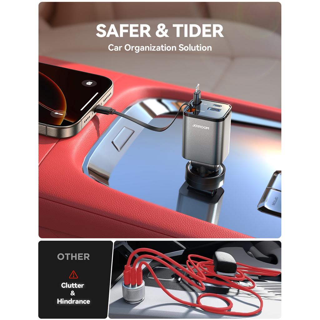 JOYROOM CCL05 4 in 1 Car Charger with 65W Fast Charging Retractable Dual Cables