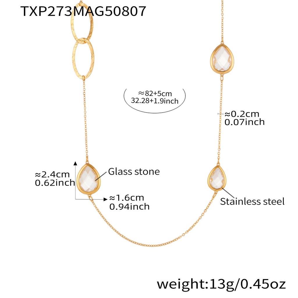 European & American Water Drop Glass Stone Long Sweater Necklace with Hollow Round Ring in Non-Fading Titanium Steel