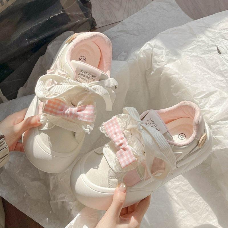

Bow Korean version thick baseplate shoes women s 2025 new spring and autumn chic versatile bread shoes white shoes 35 розовый