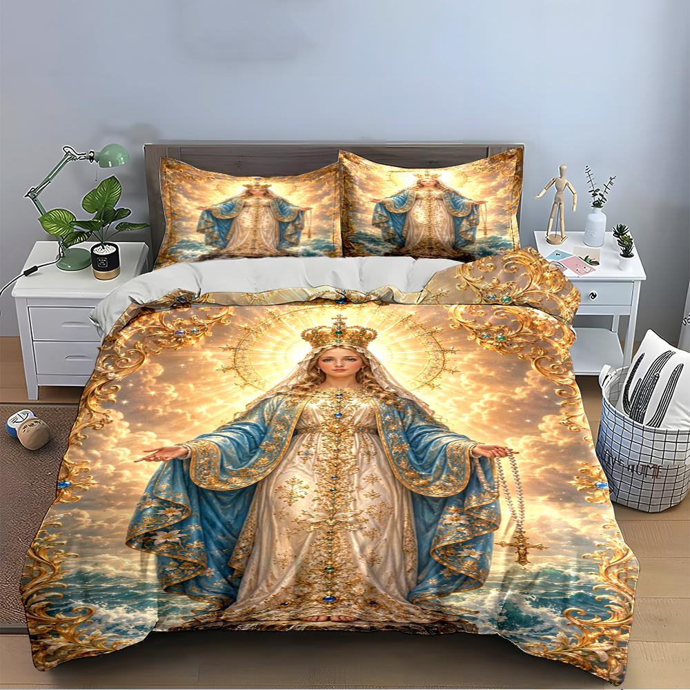 Holy Virgin Mary Bedding Set with Crown Bedding Set (1 Duvet Cover, 2 Pillowcases, Duvet Not Included)