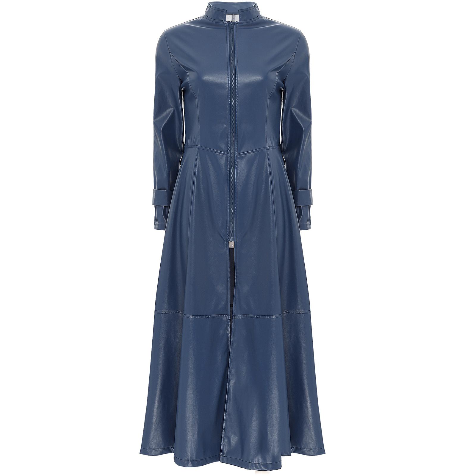 

Womens Ankle Length Leather Trench Coat Slim Waist Windproof Jacket L темно-синього кольору