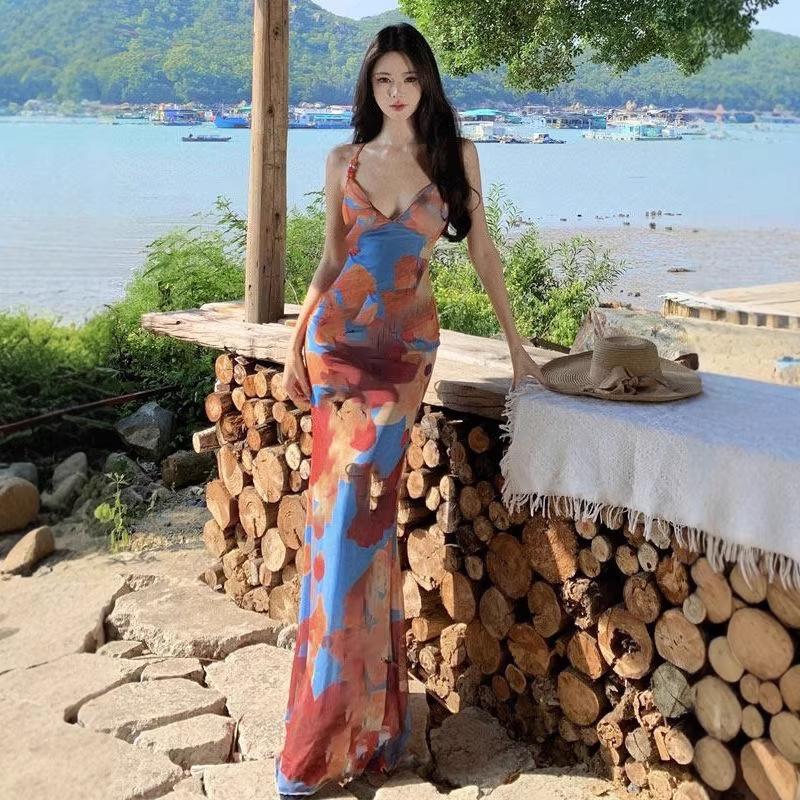 Seaside vacation style fun printing suspender dress women's summer new waist and thin sexy backless long skirt