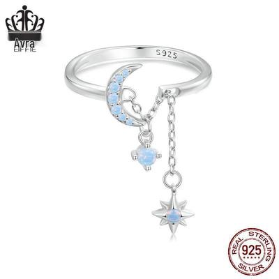 Everlove Blue Star Moon Adjustable Open Ring, S925 Sterling Silver, Rhodium-Plated Jewelry Ornament for Women