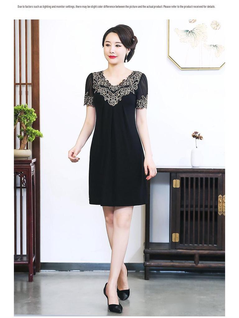 2024 Summer Chiffon Embroidered Dress: Mid-Length, Solid Color, Short-Sleeved, A-Line for Middle-Aged Women