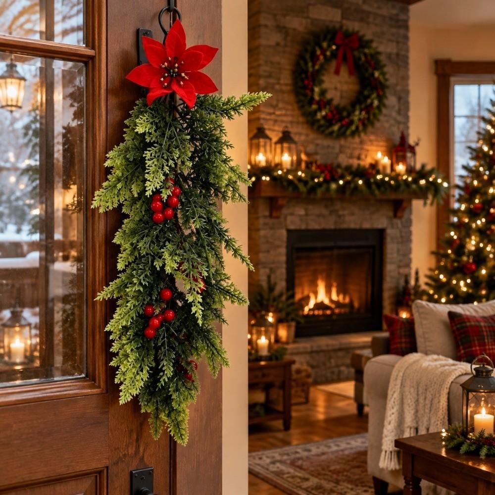 Flexible Branch Artificial Flower Wall Hanging Red Berry Poinsettia Decor  Christmas Party