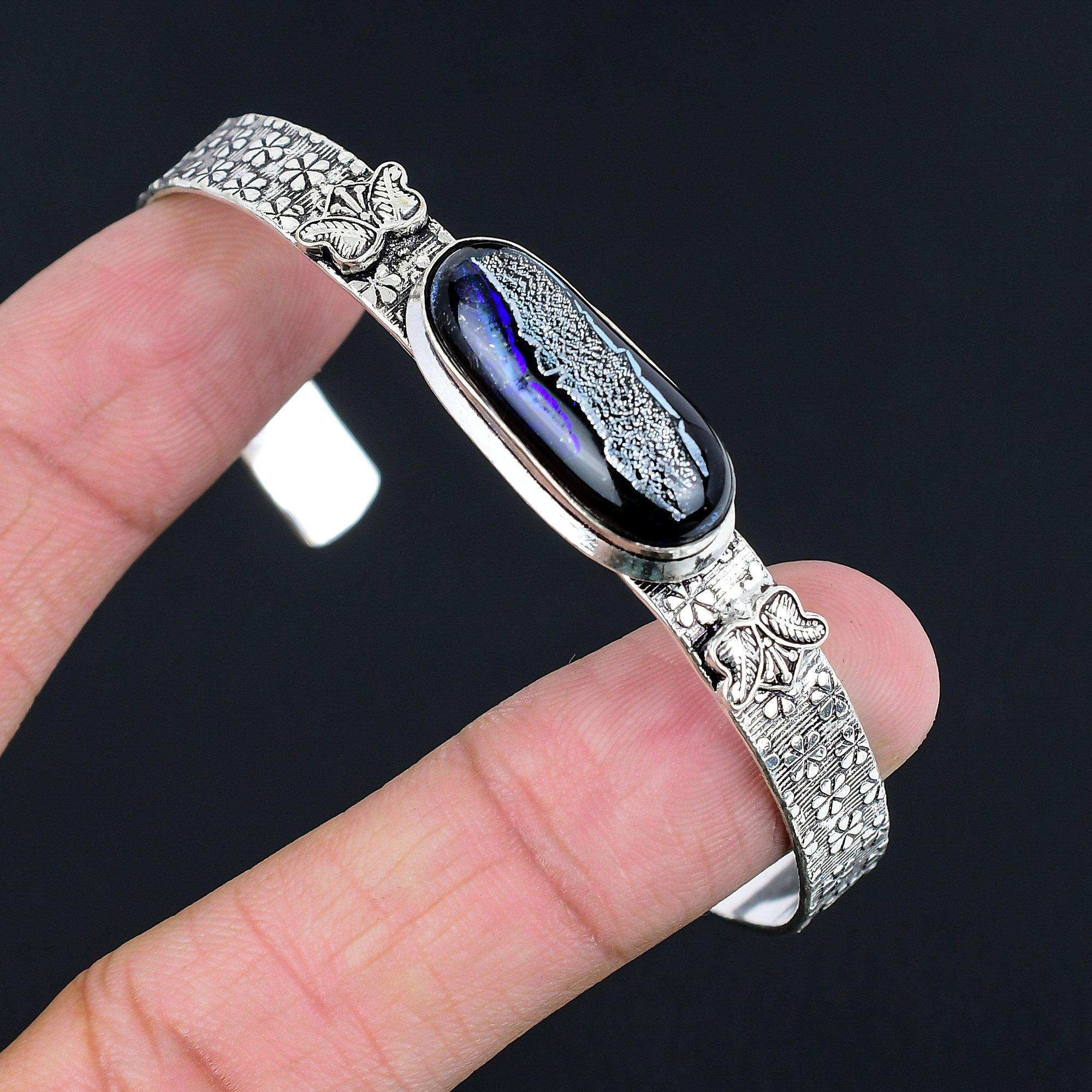 

Memorial Day Sale 925 Sterling Silver Oval American Dichoric Glass Stone Bangle Adjustable