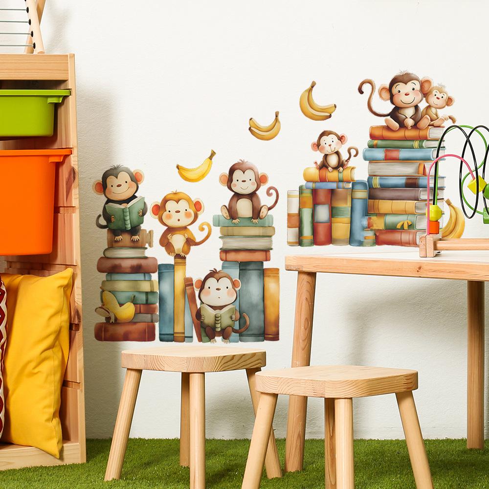 Self-adhesive Wall Stickers Cartoon Monkey Reading Book for Kids Room Bedroom Nursery Home Decor