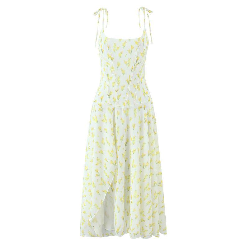 

Sweet Moon God House Same Style Beautiful Holiday Style Irregular Split Floral Elegant Lace-up Sling Dress Sweetheart Moon God L