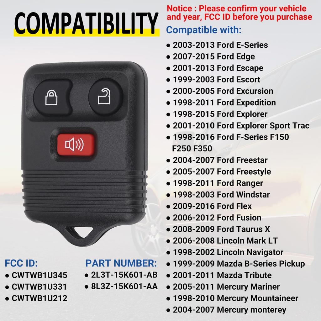 Keyless Entry Remote Key Fob Compatible with Ford F150 F250 F350 Escape Expedition Explorer Ranger, Lincoln, Mercury, Mazda and More, Replacement for