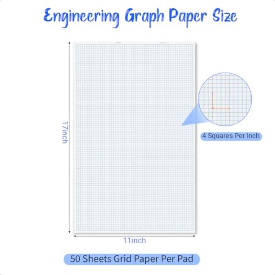 Large Graph Paper Pad 100 GSM 11 x 17 inches 0.25 4x4 Square Grid Blueprint High Brightn 100 Sheets 200 Pages 2 Pack Engineerin