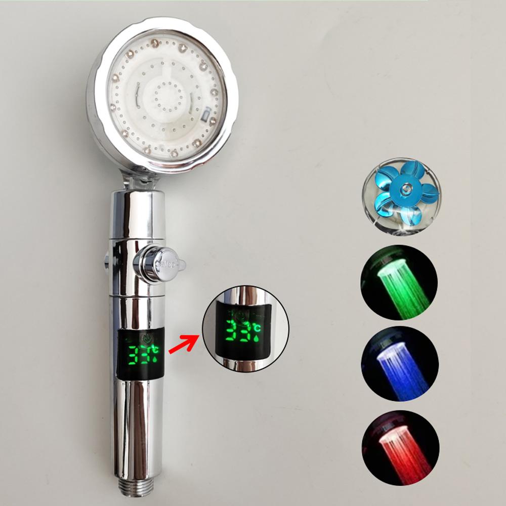 LED Digital Temperature Display Shower Head Temperature Control Colorful Fan High Pressure Rainfall Showerhead With Stop Button