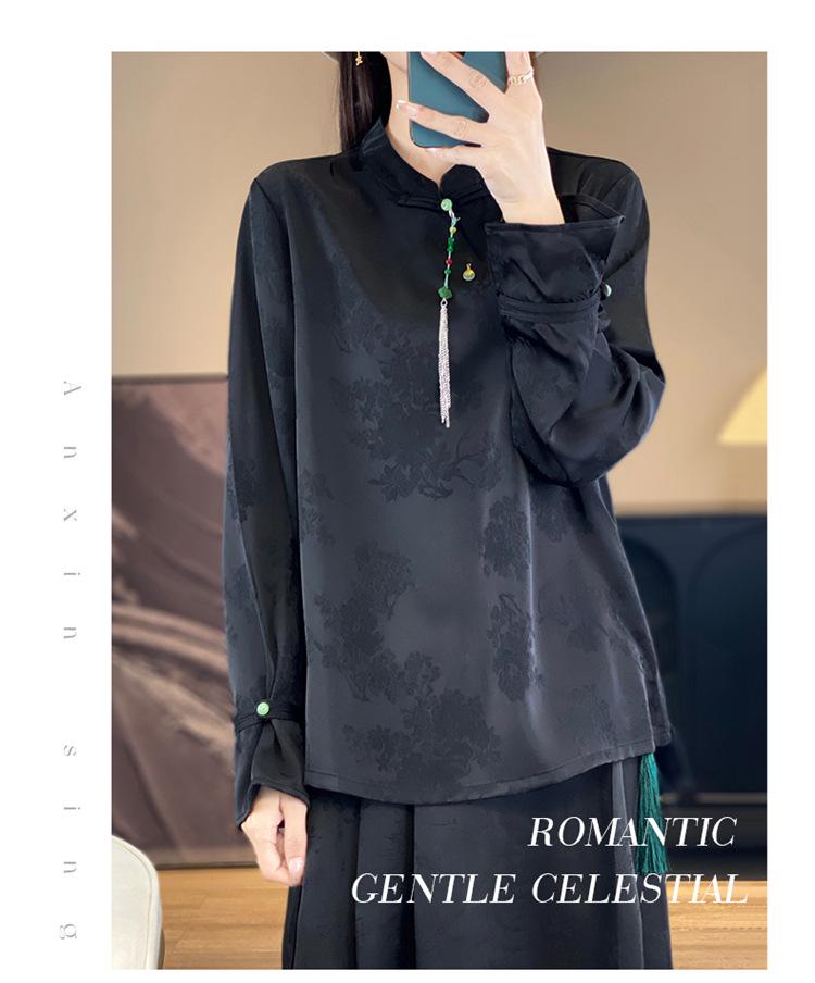 Silk Satin 2026 Spring/Summer Women's Floral Stand Collar Long Sleeve Top