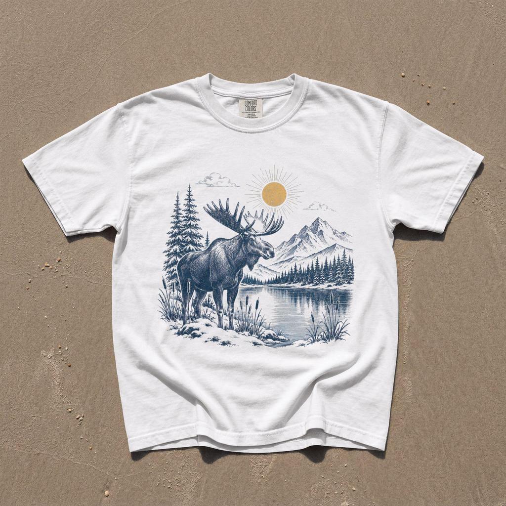 Moose T-Shirt, Mountain Lake Wildlife Graphic, Retro North Woods Nature Art, Comfort Colors® Moose Lover Outdoor Gift