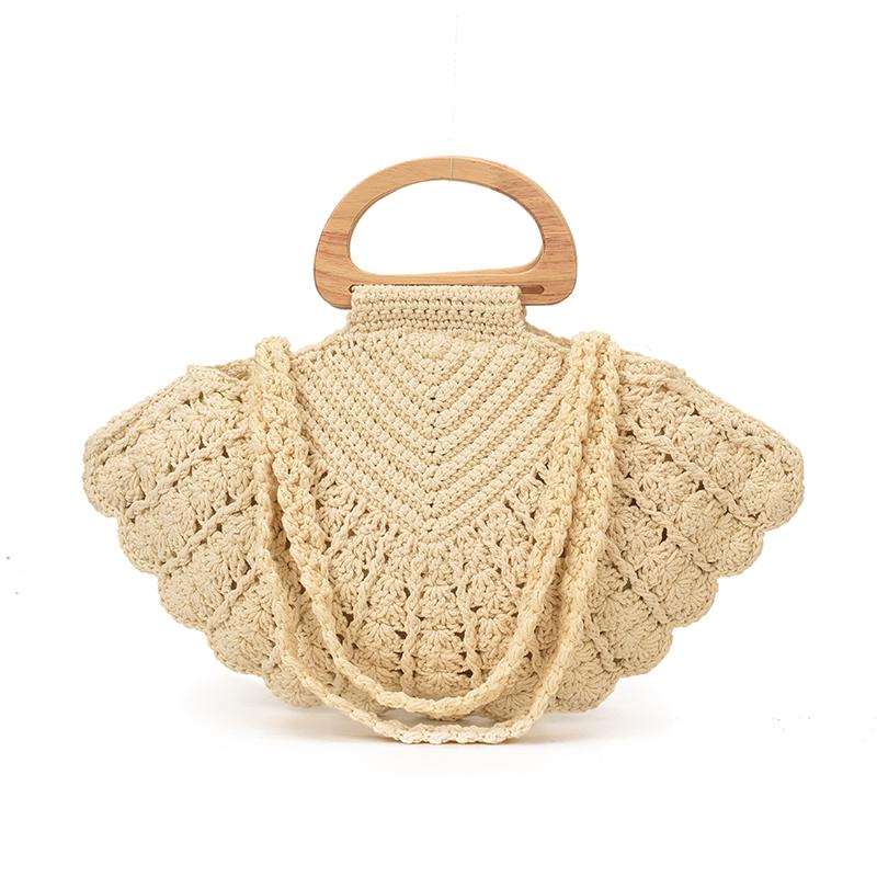 

2026 New Retro Fan-shaped Crochet Woven Underarm Bag for Women Ins Style Seaside Vacation Versatile Wooden Handle Shoulder Bag бежевый
