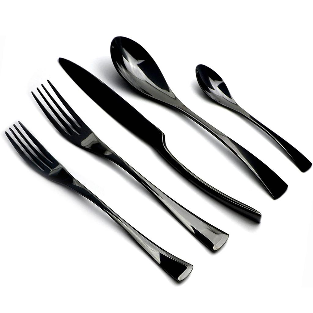 JANKNG 20-Piece 18/10 Stainless Steel Tableware Set Mirror Polishing Black Serive for 4 Heavy Modern Knife Set Spoon Fork Kitchen Utensils