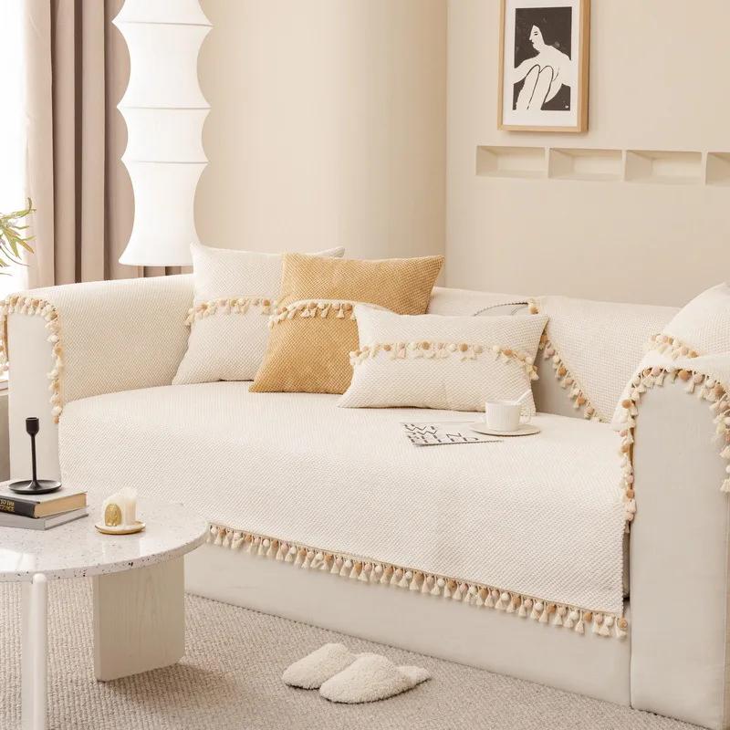 New Corduroy Braid Sofa Cushion Four Seasons Universal Tassel Ball Simplicity Non-slip Sofa Cover Cushion Solid Color Sofa Cover