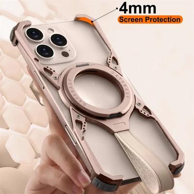 Luxury For iPhone 16 Pro Max Borderless Magsafe Magnetic Metal Case With 360° Rotating Ring Bracket And Lanyard Protective Cover
