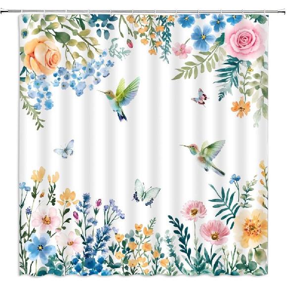 Watercolor Flower Hummingbird Shower Curtain Spring Bird Butterfly Wisteria Rose Floral Plant Nature Modern Bathroom Decor Polyester Curtains with