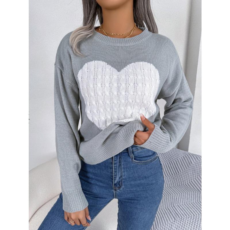 Women Fall Winter Long Sleeve Heart Pattern Crew Neck Pullover Sweater