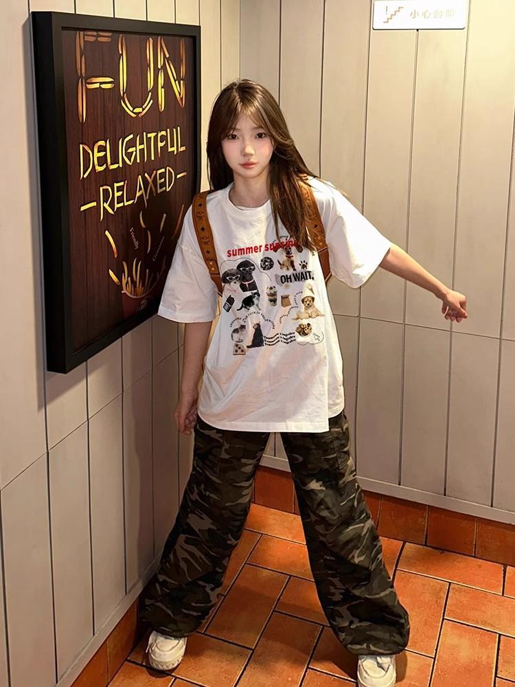 

Large size cotton short-sleeved t-shirt women s summer loose lazy half-sleeved top cartoon printing design sense niche t-shirt 3XL білий