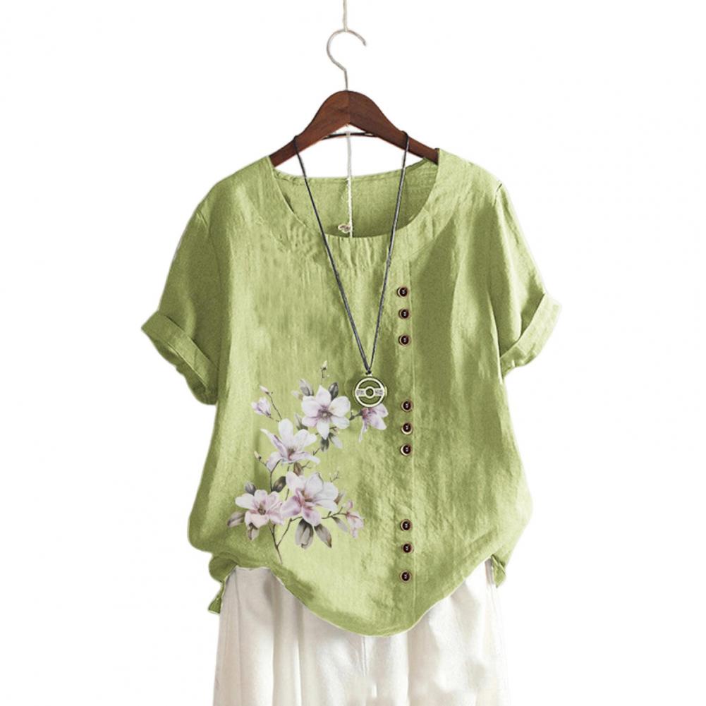 

Женская летняя футболка с круглым вырезом и коротким рукавом с цветочным принтом, футболка с декором на пуговицах, свободный крой, повседневные топы, повседневная одежда M зелёный
