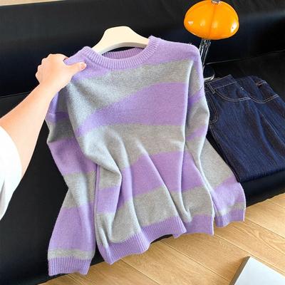 Autumn and Winter New Gentle and Lazy Wear with Soft Waxy Purple Round Neck Pullover Striped Knitted Sweater Jacket