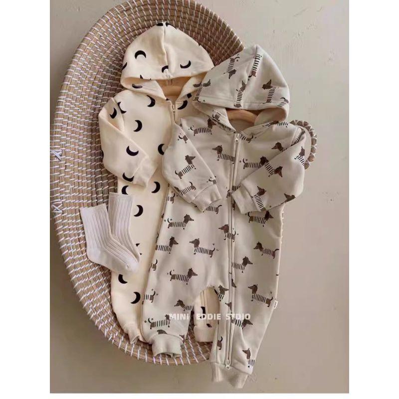 Korean Style Ins Moon and Puppy Pattern Side Zipper Long Hooded Spring and Autumn Jumpsuit for Baby Boys and Girls Cotton