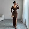 Spring New Style U-neck Solid-color Fitted Slimming Knitted Long-sleeved Frilled Dress