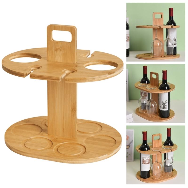 Elegant Sturdy Bamboos Wine Bottle and Glass Rack Countertop Organizers Portable Accessory for Bottles and Glasses