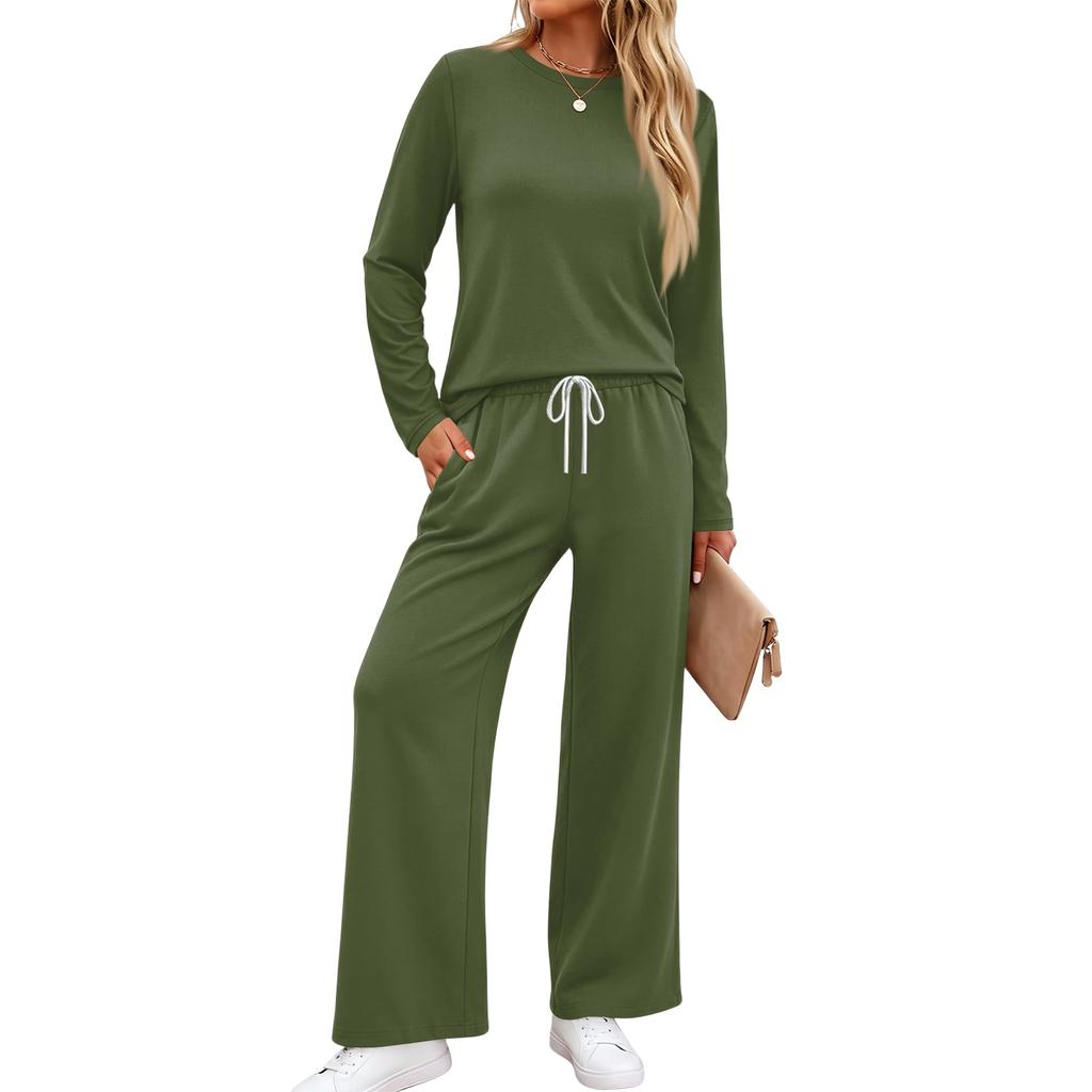 Women's Pajama Set with Pockets, Long Sleeve Round Neck Loose Fit Sleepwear for Home