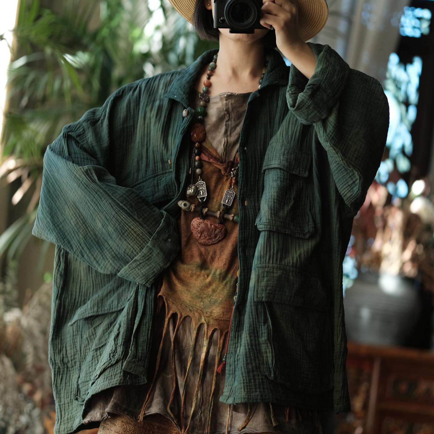 

Древний грязно-зеленый хлопково-льняной пиджак в китайском стиле, ретро, с лацканами One Size