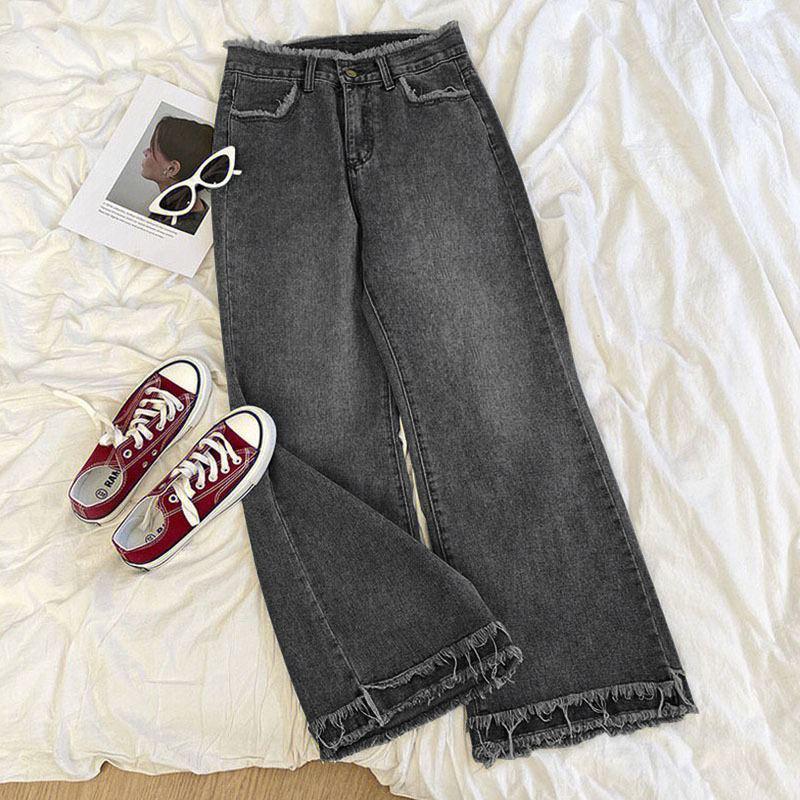 

Women s Black & Grey High-Waisted Wide Leg Jeans, Floor-Length Slimming Straight Leg, Petite Fit for Spring & Autumn 2025. Small