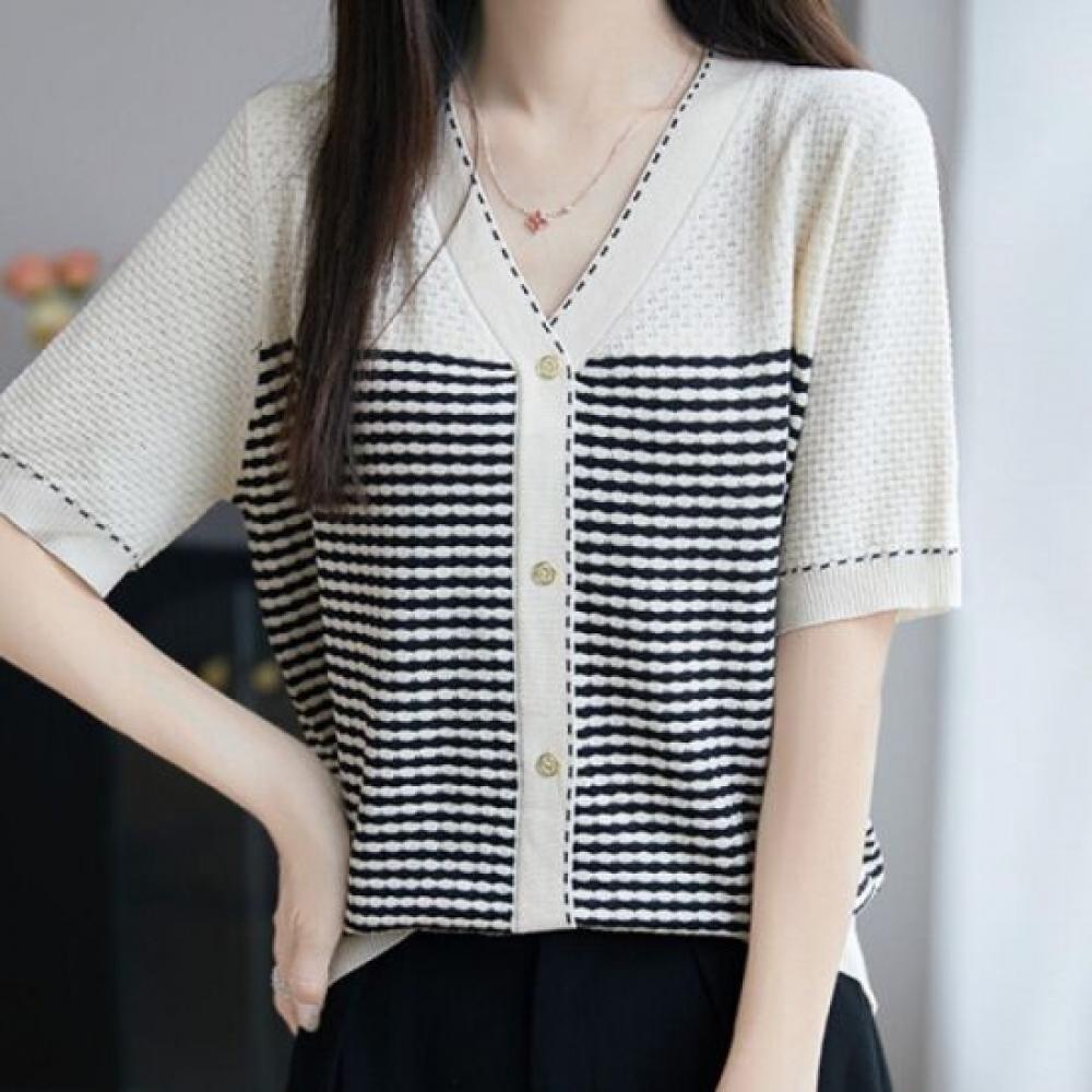 NaVaVa V Neck Short sleeVe Knit Cardigan Color Block Striped Nk3078