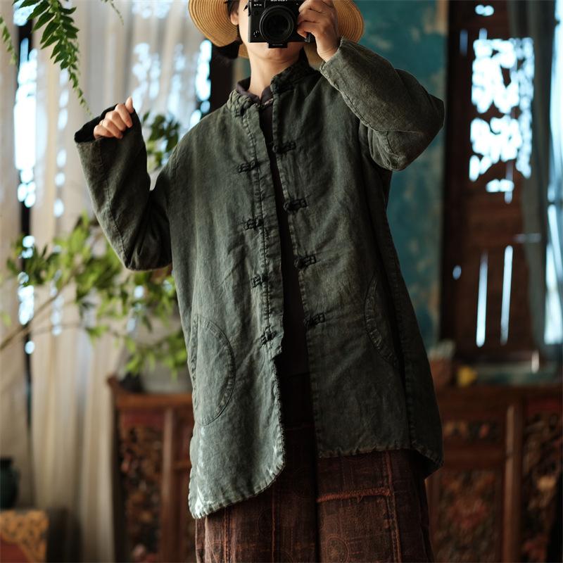 Johnature Women Chinese Style Stand Winter Parkas Orange Pink Button Coats Long Sleeve Linen Plus Cotton Women Parkas