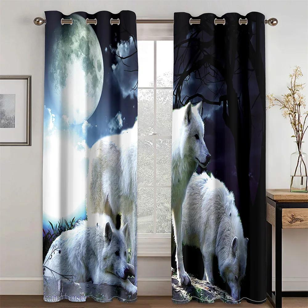 Night Wolf under the Moon Design Animal Light Filtering Drapes Window Curtains for Living Room Bedroom 2 Pieces Decor cortinas