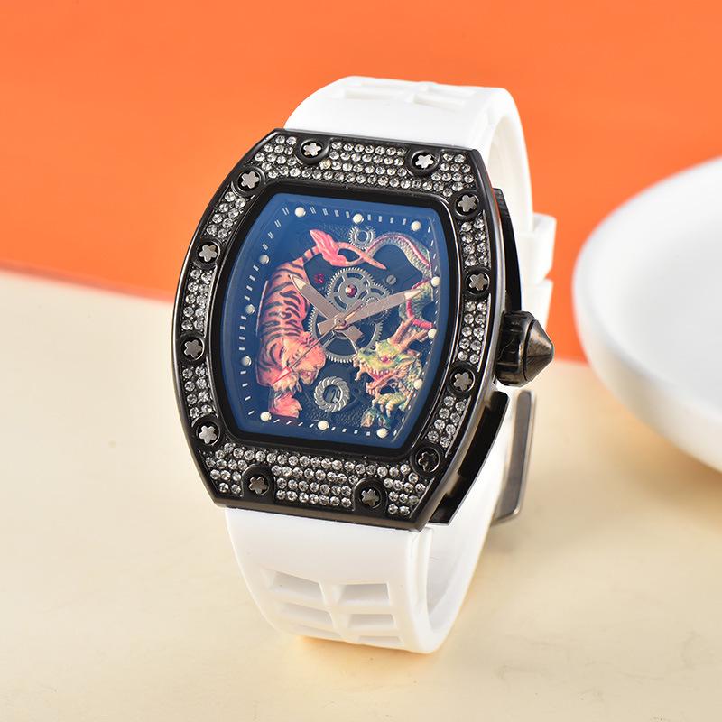 Men's Trendy Barrel-Shaped Full Diamond Quartz Watch with Calendar