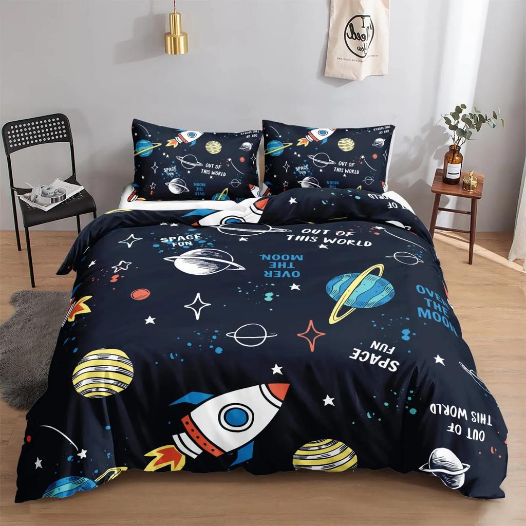Art Duvet Cover Dimgray Science Fiction Space Themed Minimalist Illustration with Stars Planets and Rocket for Room Decorative