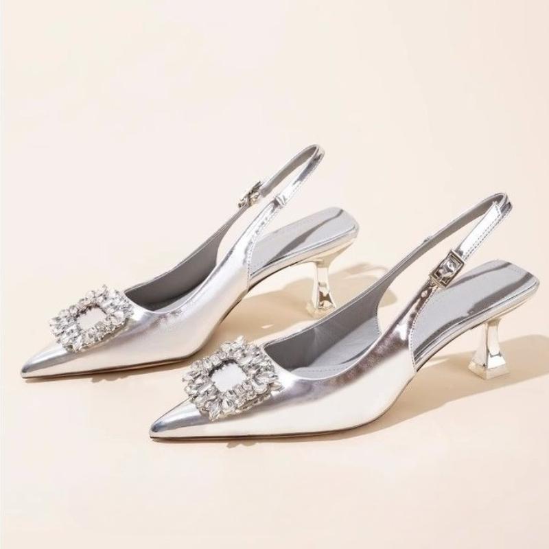 Fashion Summer Women Sandals New Women's Shoes Pointed Toe Shallow Nude Pink Diamond Shoes Low Heel Back Strappy  Women Dress Shoes