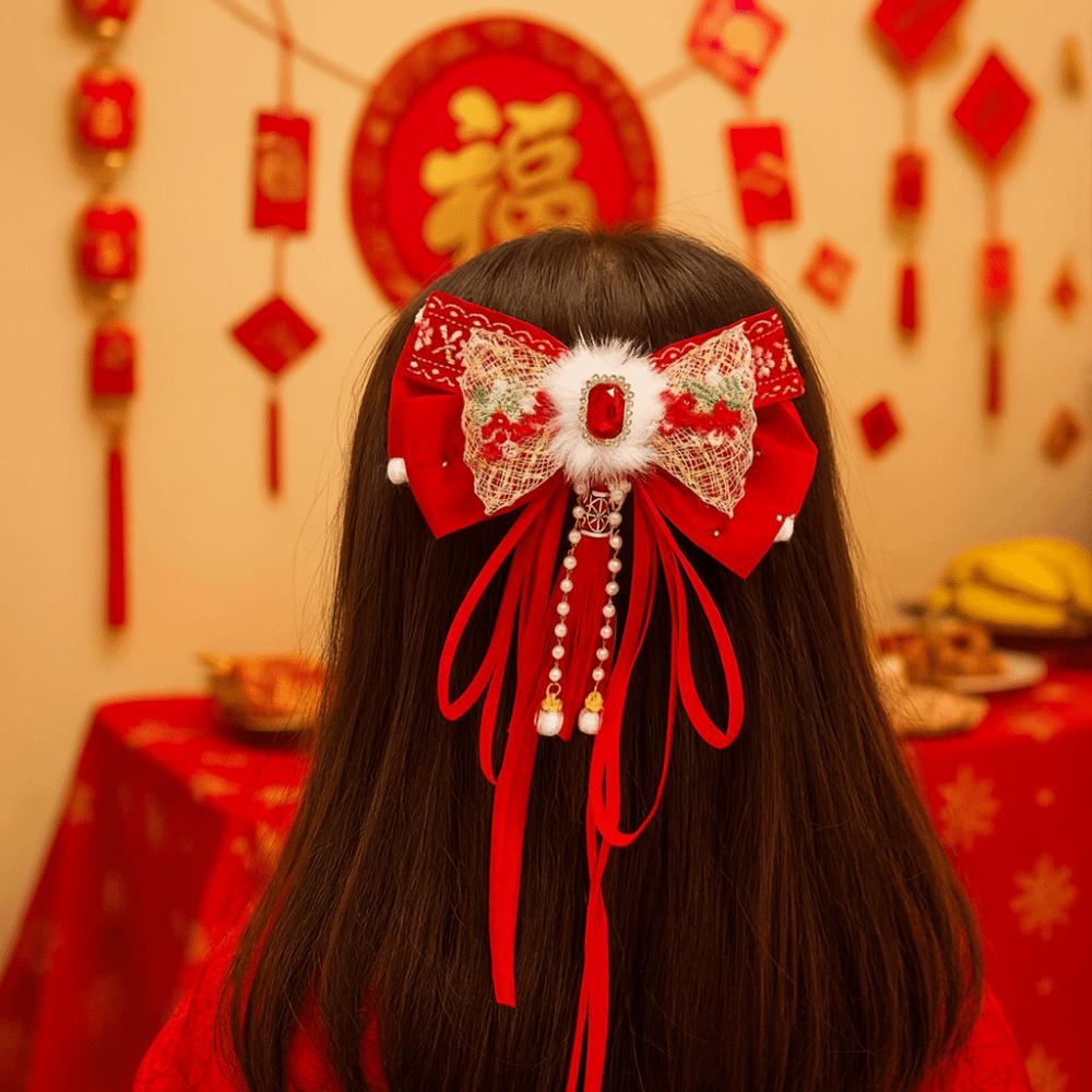 Red Bow Ribbon Hair Clip Tassel Hanfu Hair Ornamen Cute New Year Hairpin  Festival