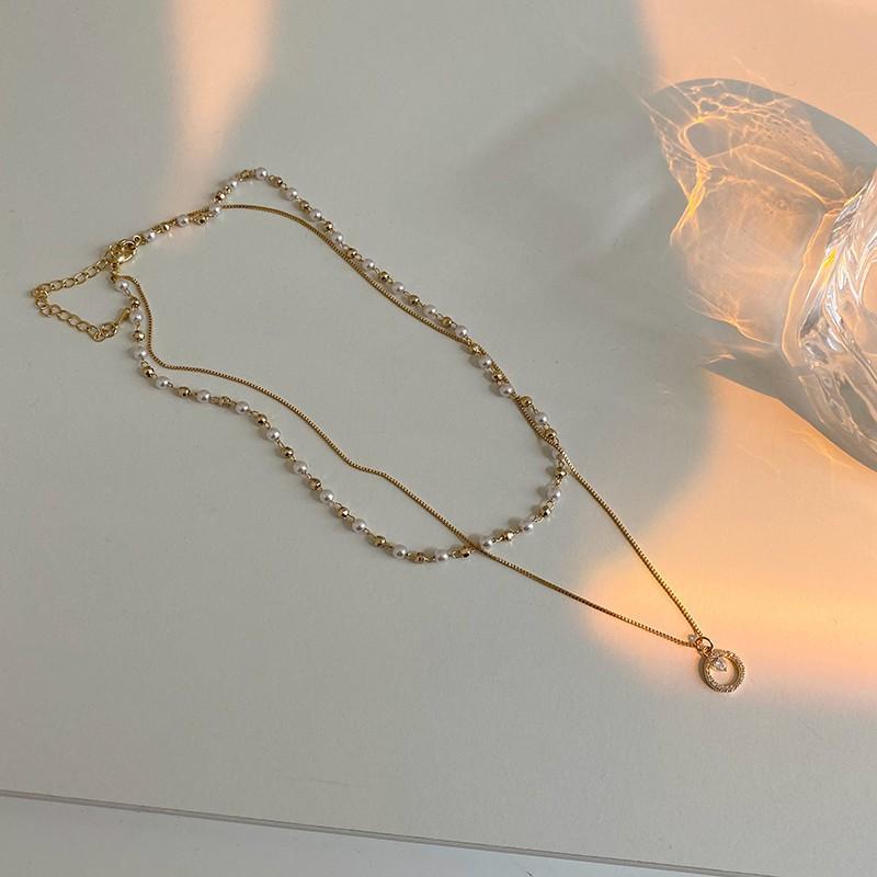 Double Layer Pearl Circle Pendant Necklace Women Minimalist Choker Chain Fashion Jewelry Double-Layer Pearl Ring Pendant Necklace